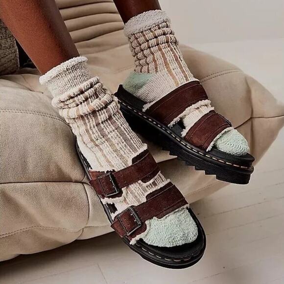 Dr. Martens Myles Suede Fur Lined Buckle Slide Sandals Dark Brown Size 10 - Picture 1 of 8